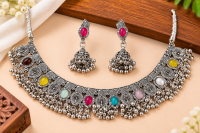 Women’s Oxidised Silver Tribal Necklace Set with Multicolor Stones & Matching Jhumka Earrings