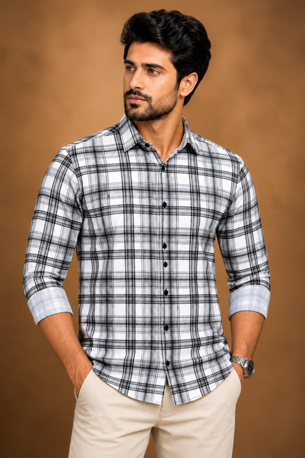 Men’s Grey & Black Checkered Full Sleeve Casual Shirt