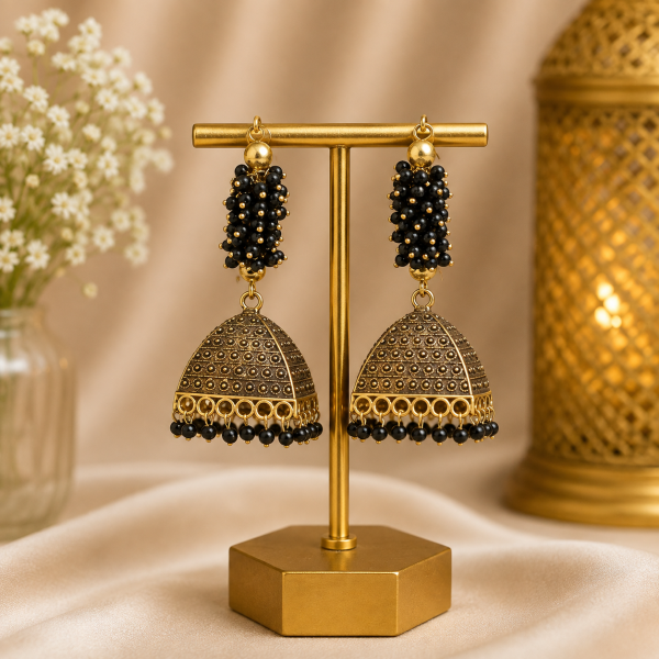Traditional Black Beaded Jhumka Earrings