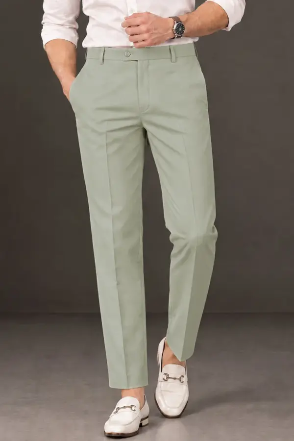 Men's Solid Regular Fit Formal Trousers – Light Green