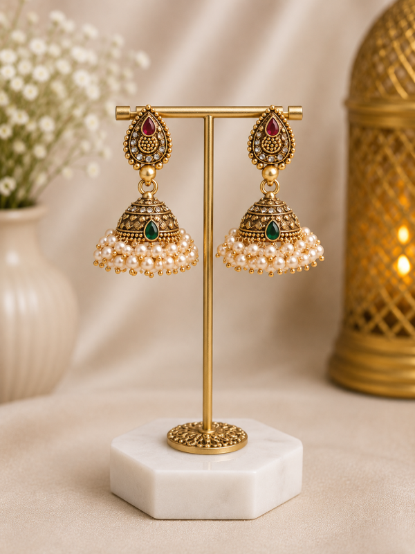 Gold-Plated Traditional Jhumka Earrings with Green & Red Stones and Pearl Drops