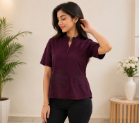Women's Maroon Cotton Embroidered Casual Top | Half Sleeve