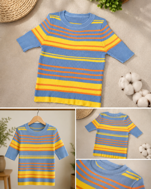 Women’s Blue Striped Knitted Half Sleeve T-Shirt | Round Neck Casual Top