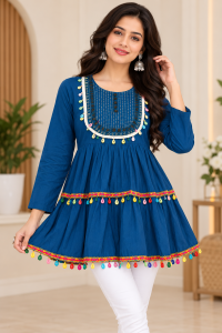 Girls Ethnic Blue Cotton Kurti Dress with Multicolor Pom-Pom & Embroidery