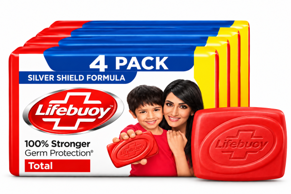 Lifebuoy Total Antibacterial Soap | Silver Shield Formula | 100% Stronger Germ Protection | 4 Pack 164g