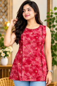 Women’s Printed Sleeveless Kurti | Maroon Floral Ethnic Kurti