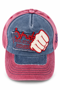Unisex Vintage Washed Denim Baseball Cap with Embroidered Fist Patch | Adjustable Casual Cap (Maroon & Blue)