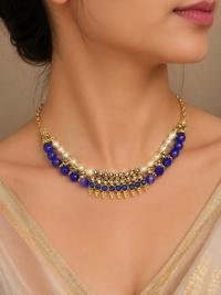 Royal Blue Beaded Kundan Necklace for Women | Gold-Plated Ethnic Statement Necklace | Festive & Wedding Jewelry
