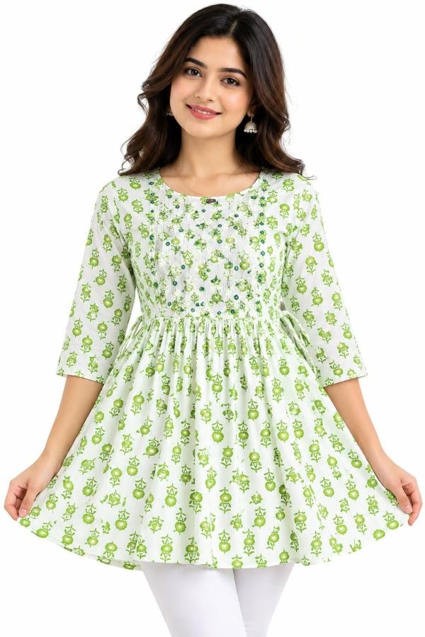 Women’s Green Floral Printed Cotton A-Line Kurti Dress Size - XXL