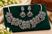 Women’s Multicolor Oxidised Silver Necklace Set with Matching Jhumka Earrings