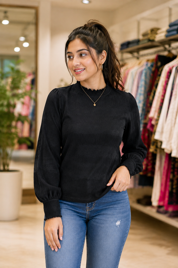 Elegant Solid Black Textured Frill-Neck Long Sleeve Top