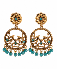 Antique Gold-Tone Floral Hoop Earrings with Teal Beads