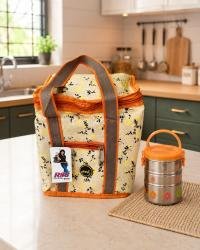 RSC Floral Printed Insulated Lunch Bag | Reusable Thermal Cooler Tote Bag with Zipper | Beige & Orange