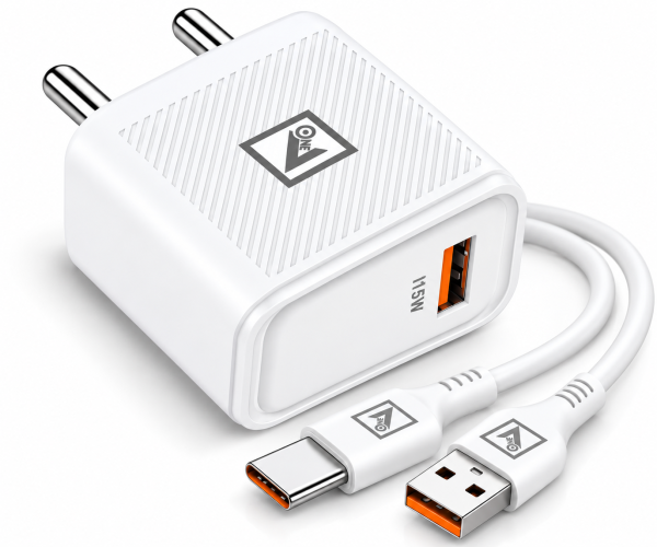 ONE 15W Fast Charger with USB Cable | Quick Charging Adapter with Auto ID & Overcurrent Protection