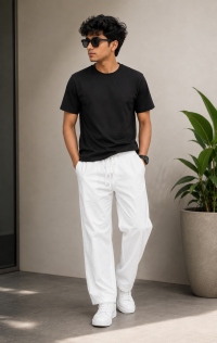 Men's Pure White Relaxed Fit Linen-Cotton Trousers with Elastic Drawstring Waistband