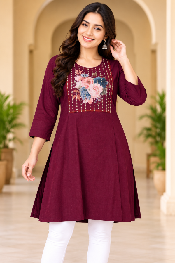 Women’s Maroon Floral Embroidered A-Line Kurti