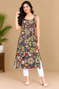 Women’s Grey Floral Printed Sleeveless Kurti | Tie-Strap Casual Ethnic Kurta