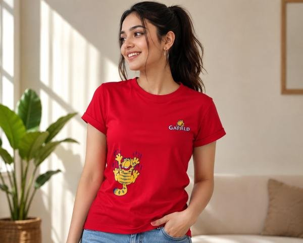 Women’s Red Printed Round Neck T-Shirt | Casual Half Sleeve Graphic T-Shirt