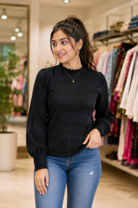 Elegant Solid Black Textured Frill-Neck Long Sleeve Top
