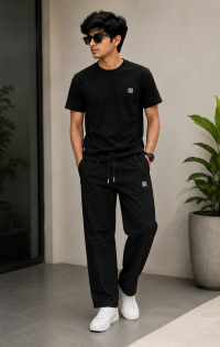 Men's Solid Black Relaxed Fit Trousers with Elastic Drawstring Waistband