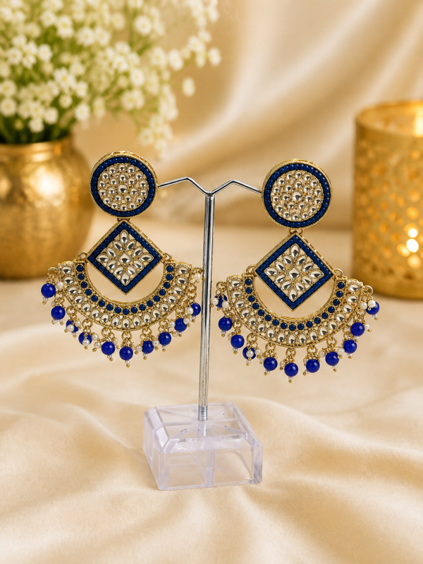 Blue Stone Traditional Chandbali Earrings with Pearl & Bead Detailing