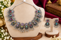 Women’s Oxidized Silver Multicolor Ethnic Necklace & Earrings Set
