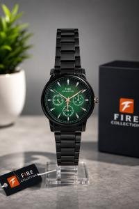 Fire Collection Black Stainless Steel Green Dial Multifunction Analog Watch