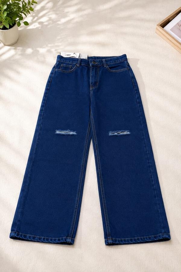 Women’s Dark Blue Ripped Wide Leg Jeans | Casual Denim Trousers