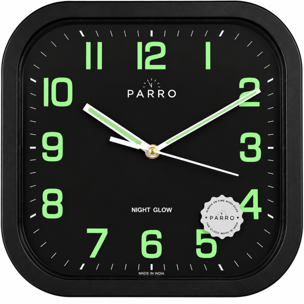 PARRO Black Square Night Glow Analog Wall Clock Model No PQ801