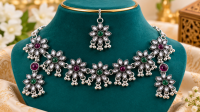 Women’s Oxidized Silver Floral Necklace Set with Matching Earrings & Maang Tikka
