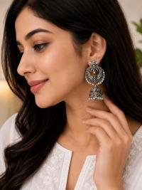 Oxidized Silver Jhumka Earrings with Pearl Drops for Women & Girls | Traditional Ethnic Earrings
