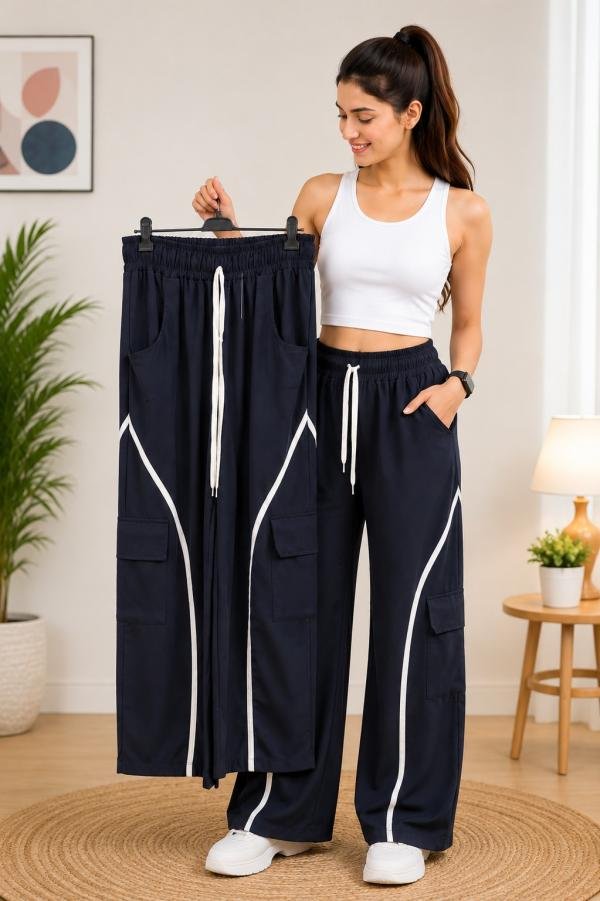 Women's Navy Blue Wide Leg Cargo Palazzo Pants | High Waist Solid Casual Cargo