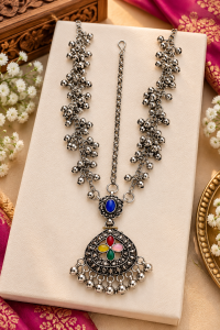 Oxidized Silver Multicolor Meenakari Maang Tikka for Women & Girls
