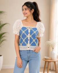 Women's Blue & Off-White Floral Embroidered Square-Neck Top with Crochet Lace Trim & Puff