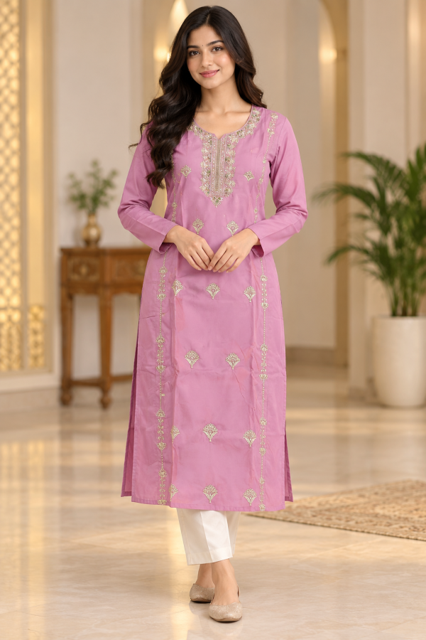 Women’s Pink Embroidered Straight Kurta/Size XL