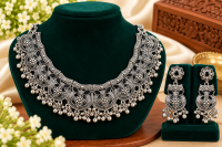 Women’s Oxidised Silver Floral Ethnic Necklace Set with Matching Earrings