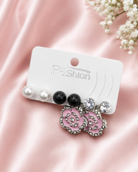 Fashion 6 Pairs Pearl, Black Ball, Crystal & Pink Rose Stud Earrings Set for Women & Girls