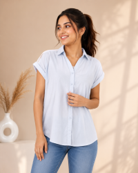 Light Blue Short Sleeve Button-Down Shirt with Shoulder Lace Inserts