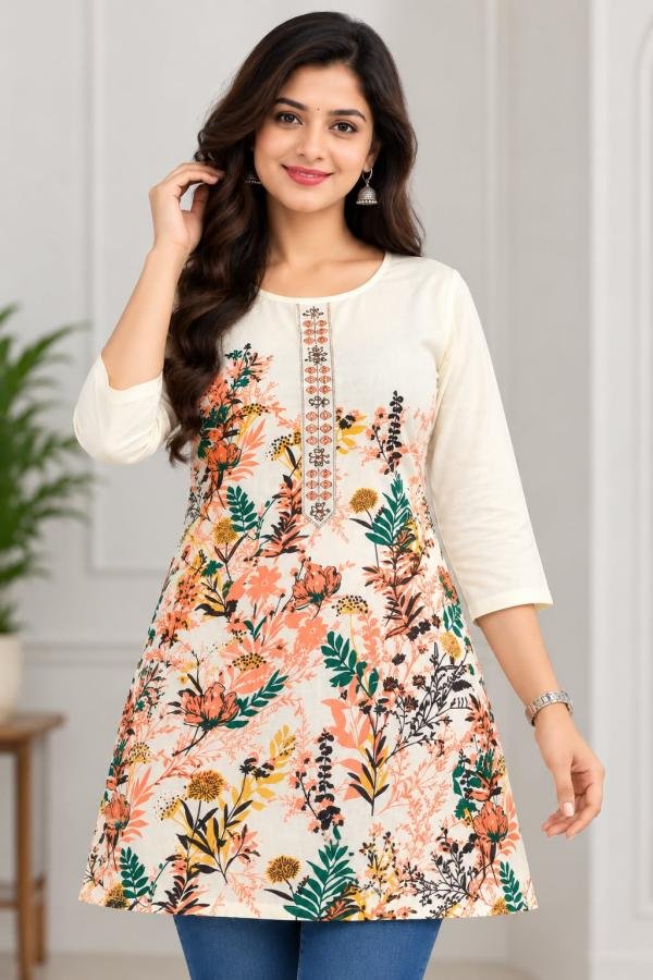 Women’s Off-White Floral Printed Short Kurti with 3/4 Sleeves Size- L