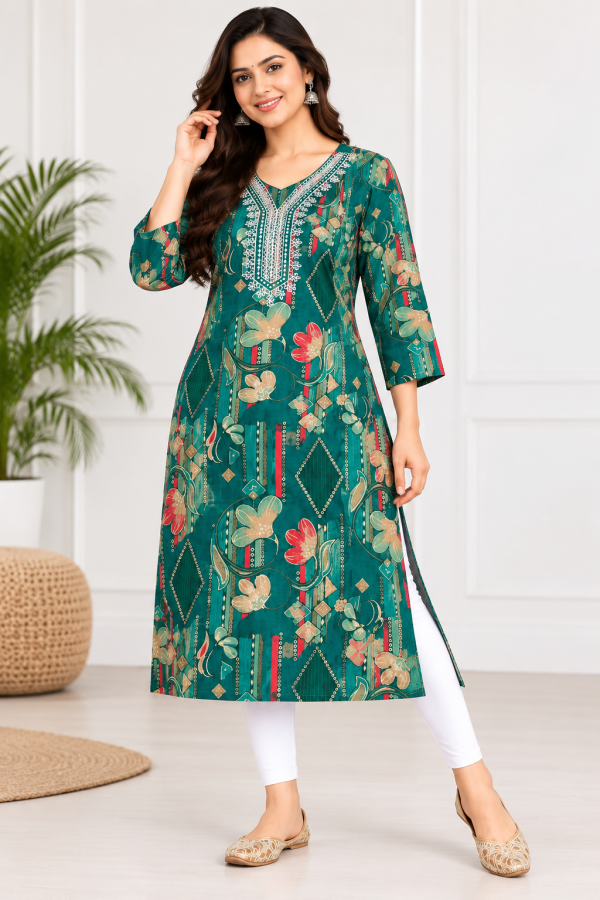 Women’s Green Floral Printed Kurti with Embroidered Neckline – Full Sleeve
