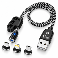 U&I 3-in-1 Magnetic Fast Charging Braided Cable with Type-C, Micro USB & Lightning Connectors