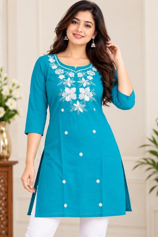 Women’s Turquoise Blue Embroidered Straight Kurti Size - M