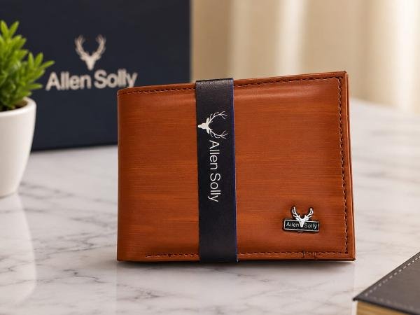 Allen Solly Men's Premium Tan Brown Genuine Leather Bi-Fold Wallet with Metal Logo Accent