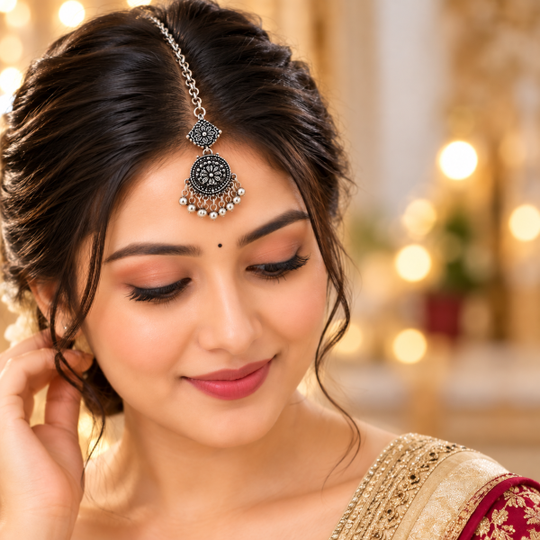 Oxidized Silver Antique Floral Design Maang Tikka for Women & Girls