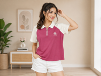 Women's Magenta & Off-White Colorblocked Half-Zip Polo T-Shirt with Embroidered Graphic