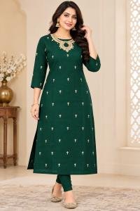 Women’s Dark Green Embroidered Straight Kurti with Full Sleeves
