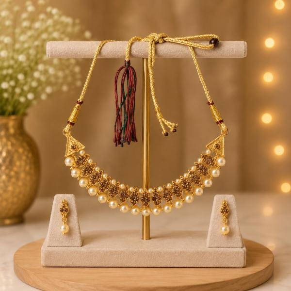 Traditional Gold-Plated Choker Necklace Set with Pearl Beads & Matching Earrings for Women