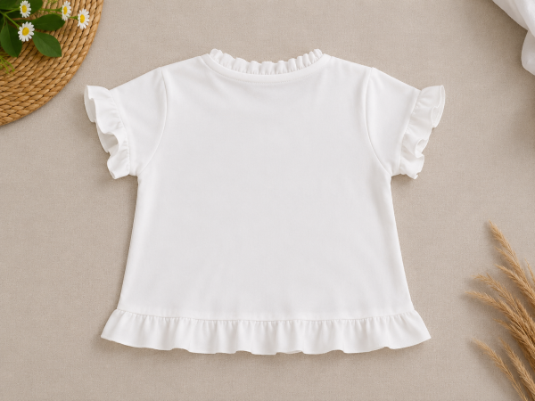 Girls’ White Ruffle Sleeve Top | Cute Round Neck Flared Hem Casual Top