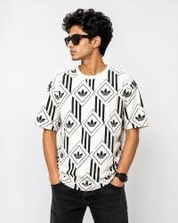 Men's Geometric Print Oversized White T-Shirt | Casual Round Neck Half Sleeve Tee