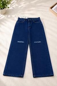 Women’s Dark Blue Ripped Wide Leg Jeans | Casual Denim Trousers